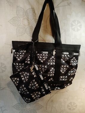 Lesportsac Black Tote with Silver Floral Print and Matching Pouch